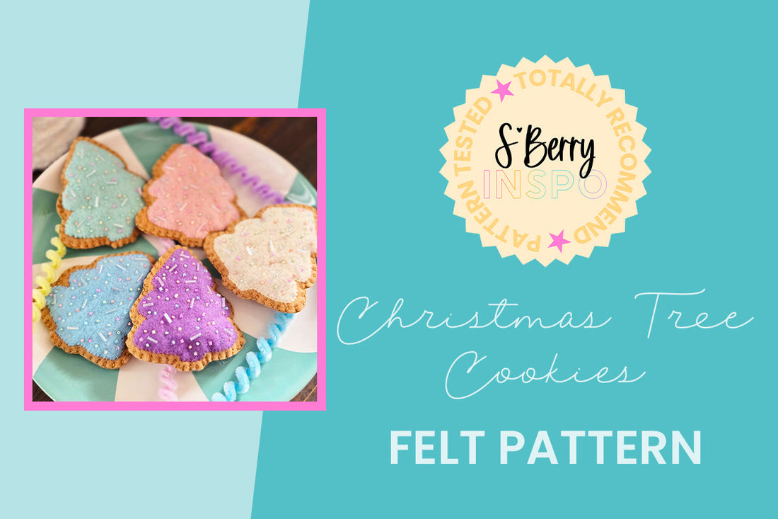 A plate with five felt Christmas tree cookies in pastel colors, decorated with beads, is displayed next to text promoting a felt pattern for Christmas tree cookies.