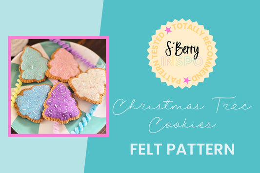 A plate with five felt Christmas tree cookies in pastel colors, decorated with beads, is displayed next to text promoting a felt pattern for Christmas tree cookies.