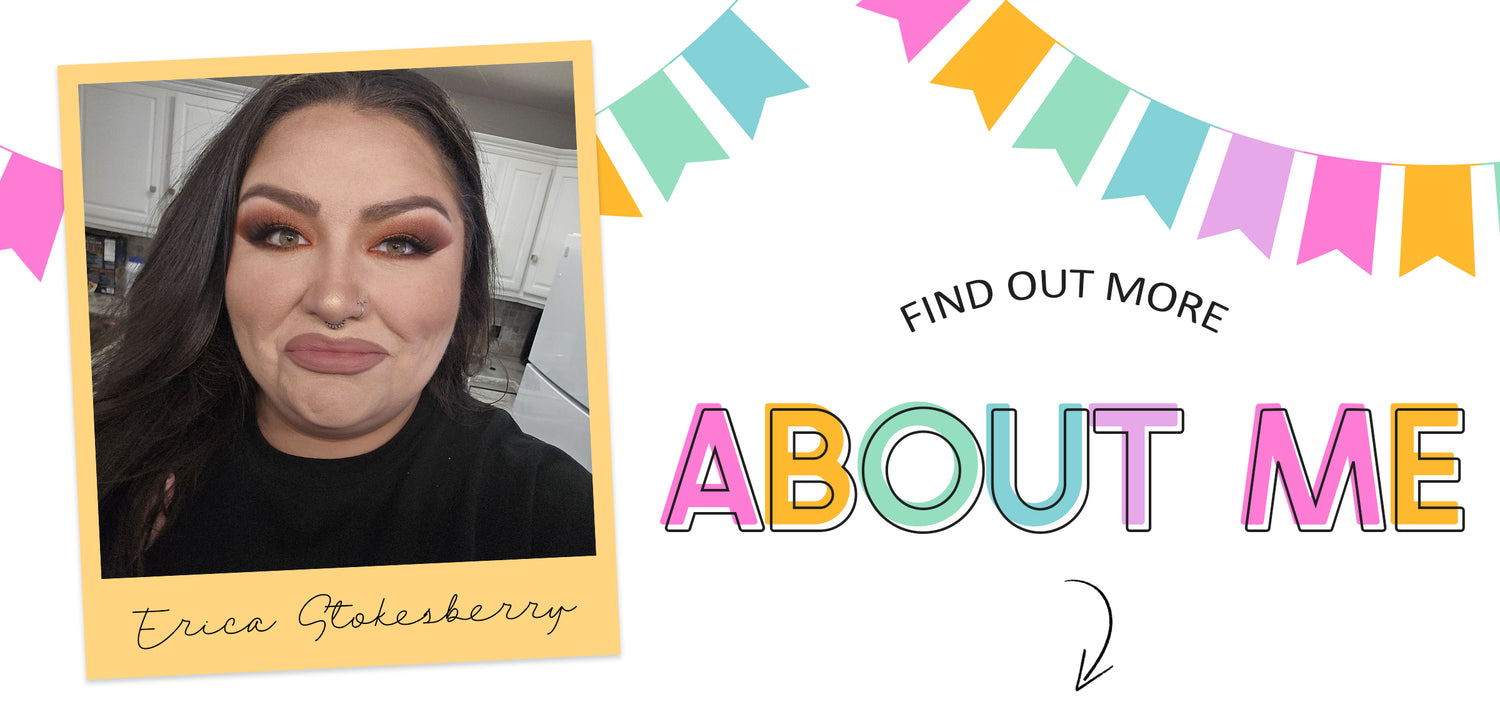 Smiling person with long dark hair poses in a kitchen. Text reads: "Find out more about me" with colorful flags and an arrow.