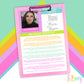 A pink clipboard displays a profile for Erica Stokesberry, featuring her photo, reviews, and text explaining why to choose S’Berry LLC, with colorful graphic accents in the background.
