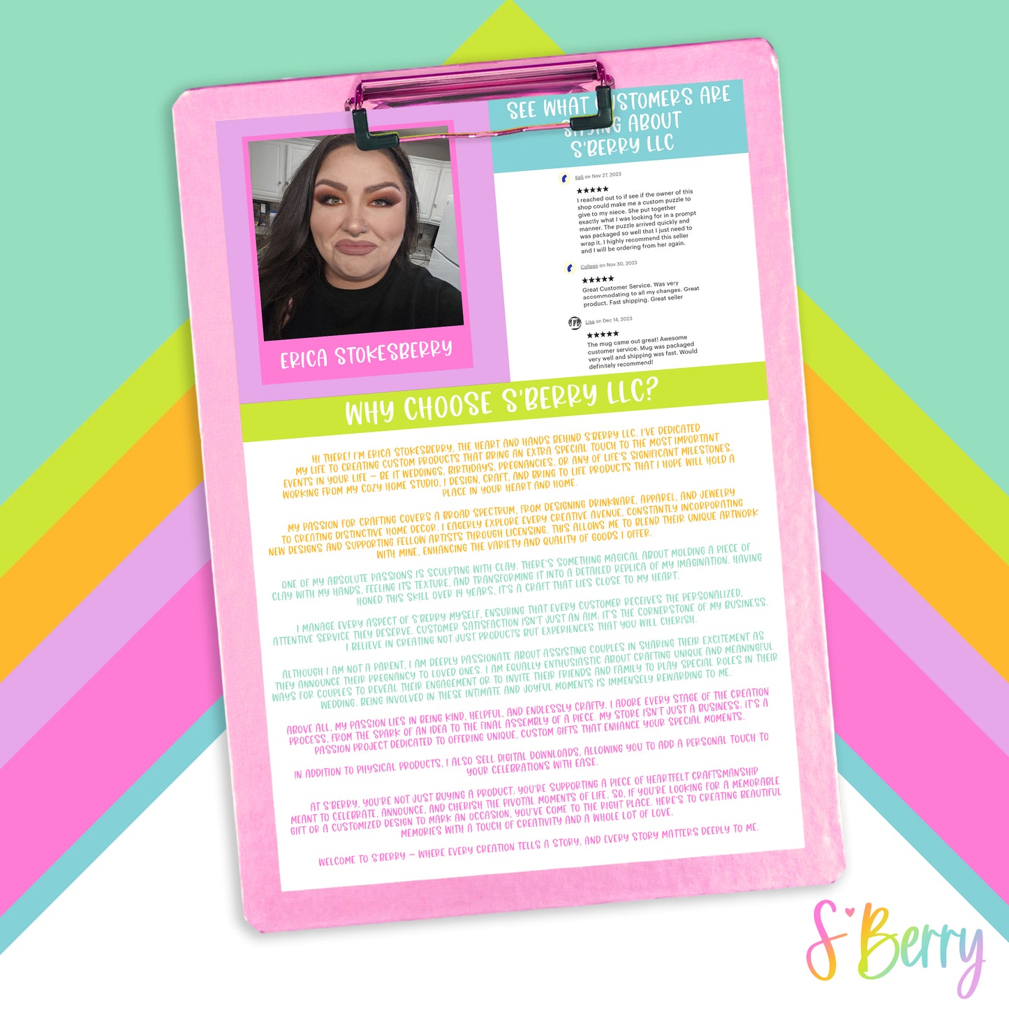 A pink clipboard displays a profile for Erica Stokesberry, featuring her photo, reviews, and text explaining why to choose S’Berry LLC, with colorful graphic accents in the background.