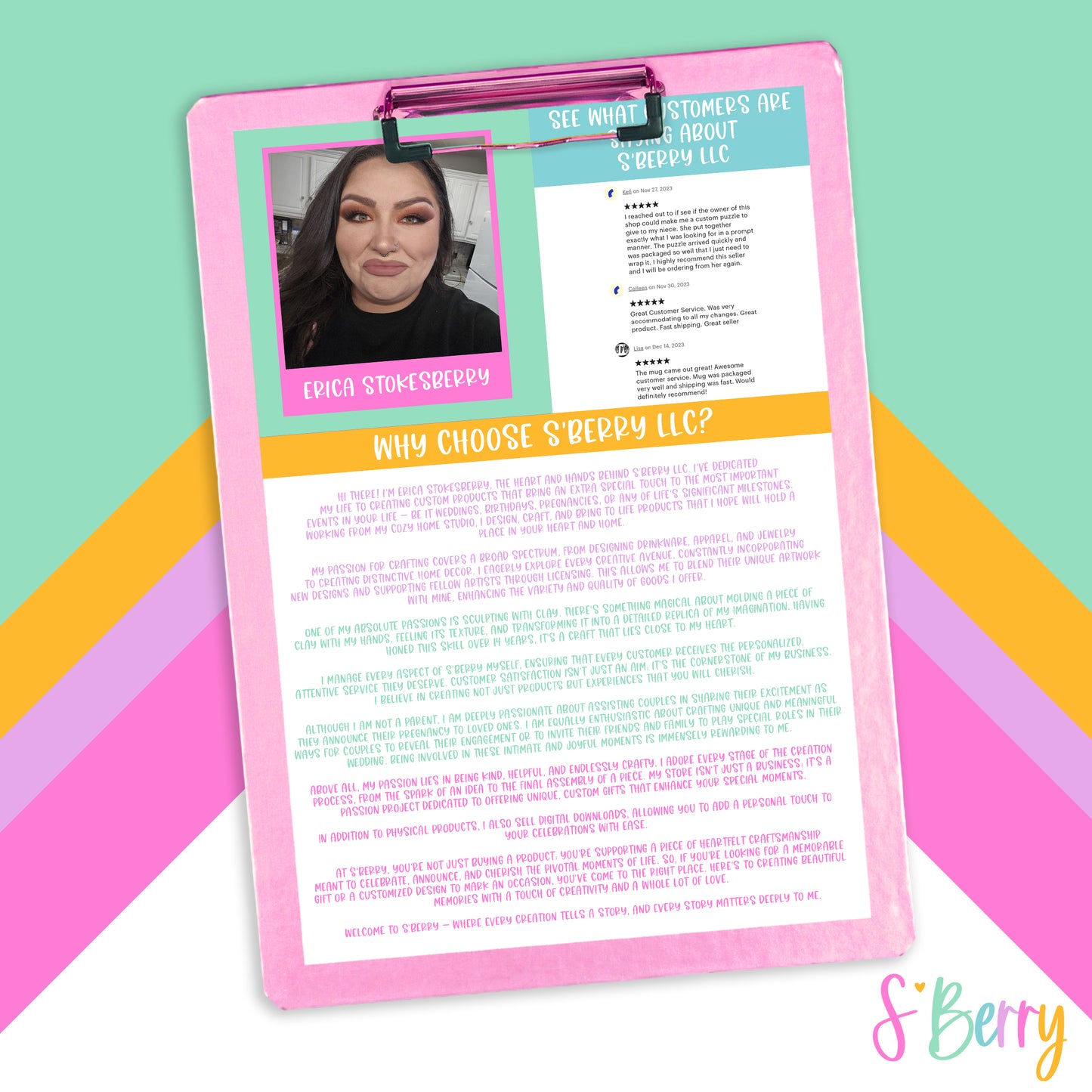 Clipboard with a colorful background features a profile picture and text about S'Berry LLC. Includes a section titled "Why Choose S’Berry LLC?" and customer reviews.