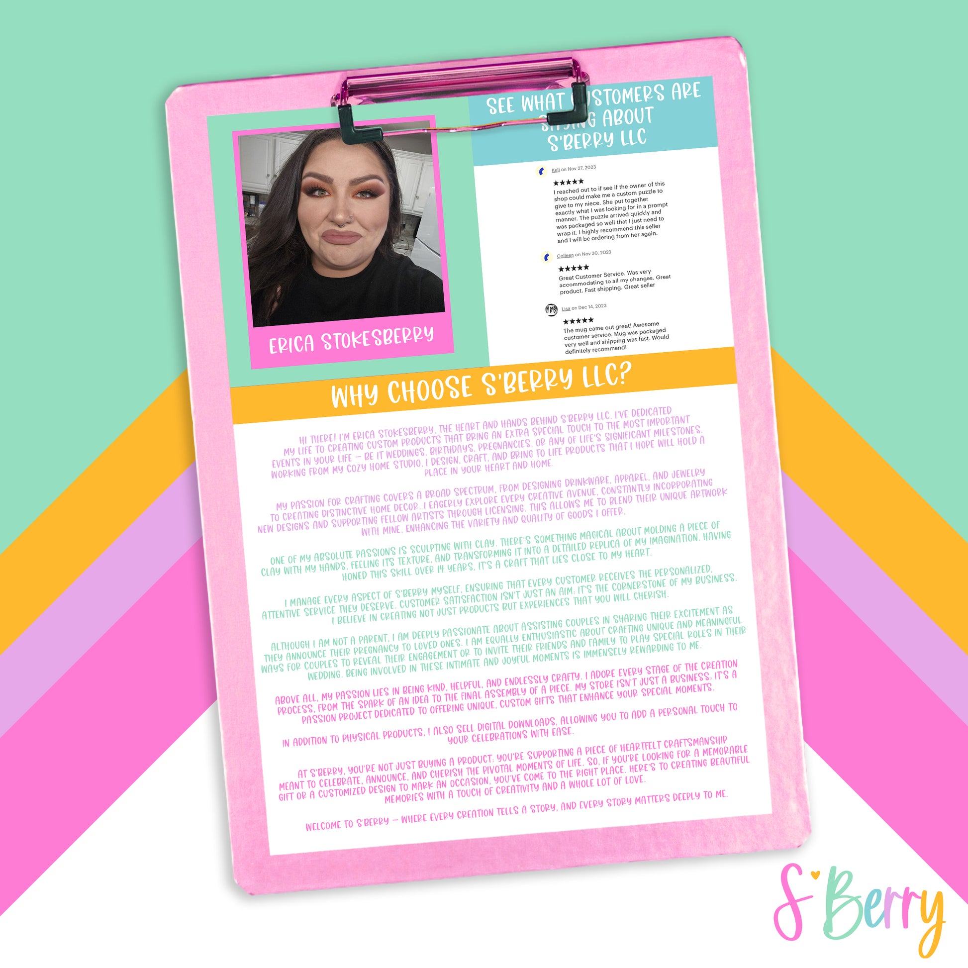 Clipboard with a colorful background features a profile picture and text about S'Berry LLC. Includes a section titled "Why Choose S’Berry LLC?" and customer reviews.