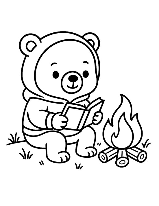 A bear wearing a hoodie sits on grass, holding an open book and reading beside a small campfire made of logs.