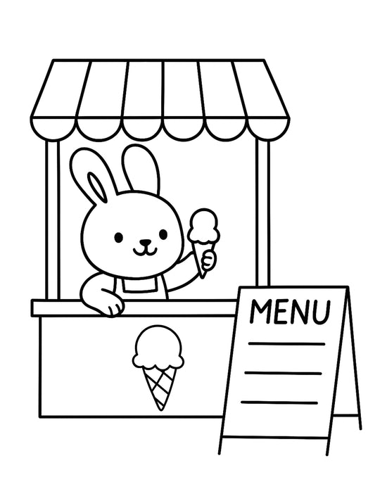 A cartoon rabbit wearing an apron stands at an ice cream stand, holding an ice cream cone; a menu sign is displayed in front.