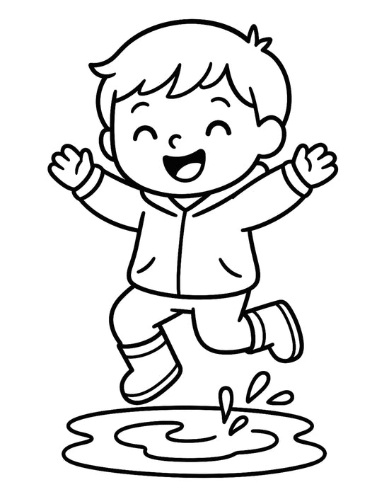 Line drawing of a happy child with short hair and a hoodie, jumping with arms raised above a puddle and making a splash.