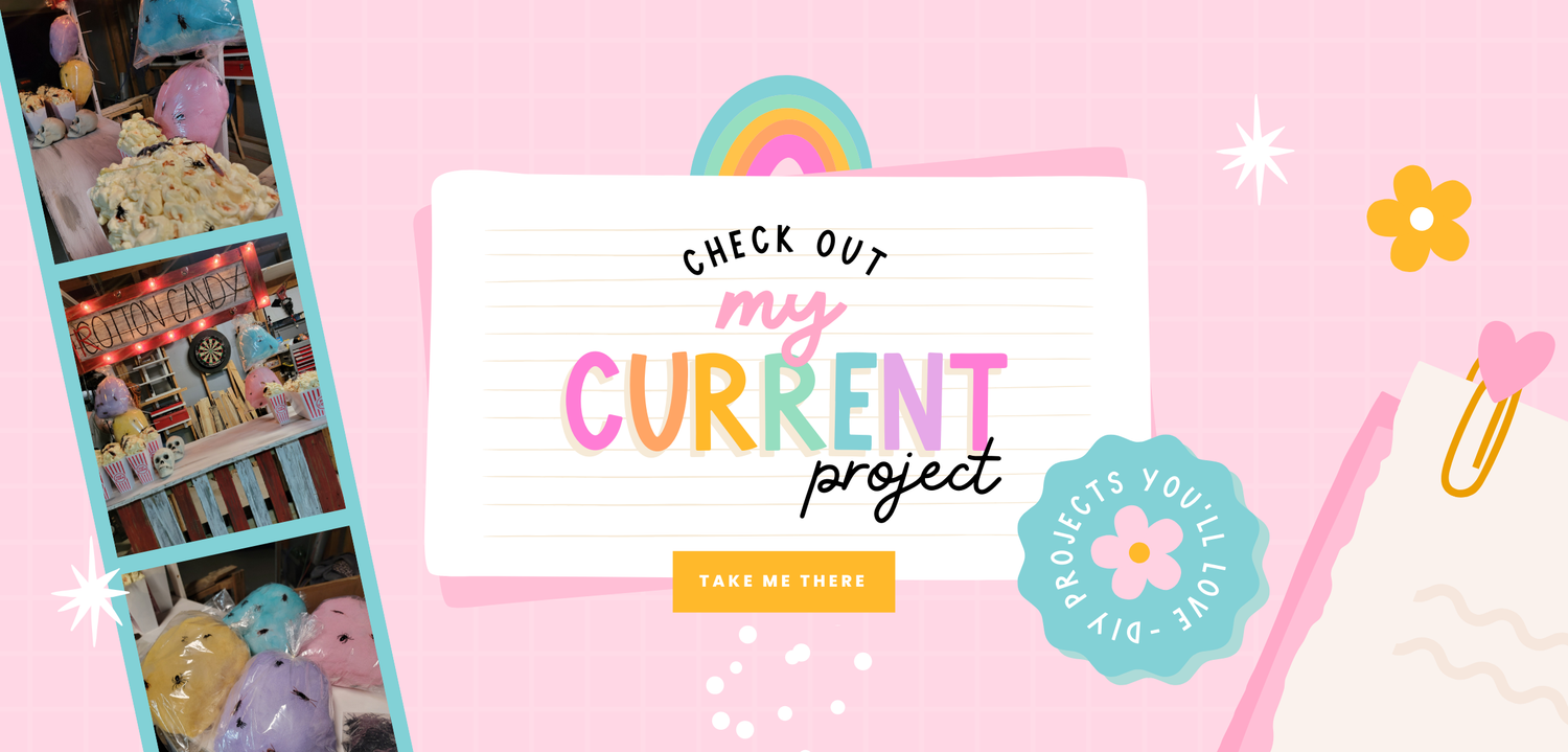 Colorful banner with text "Check out my current project" on a lined paper background, surrounded by images of crafts, a rainbow, and decorative flowers. A button below reads "Take me there.