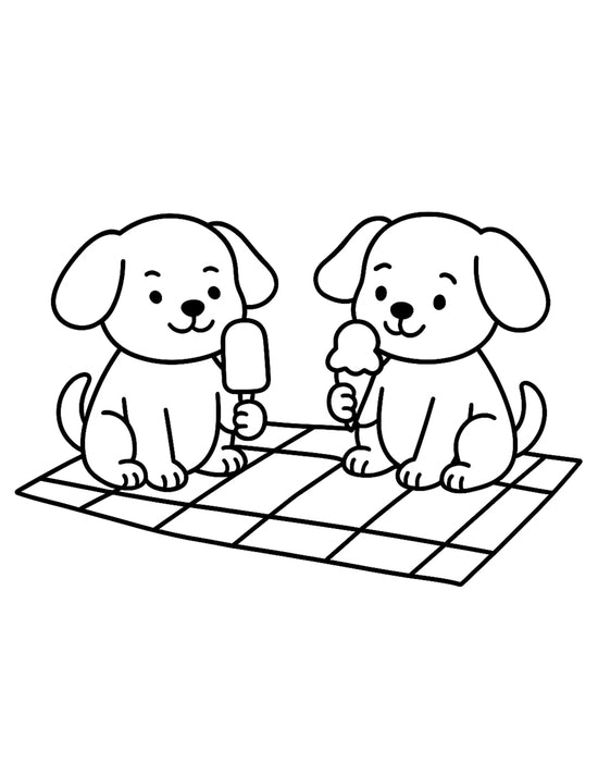 Two cartoon puppies sit on a checkered blanket, each holding an ice cream treat.