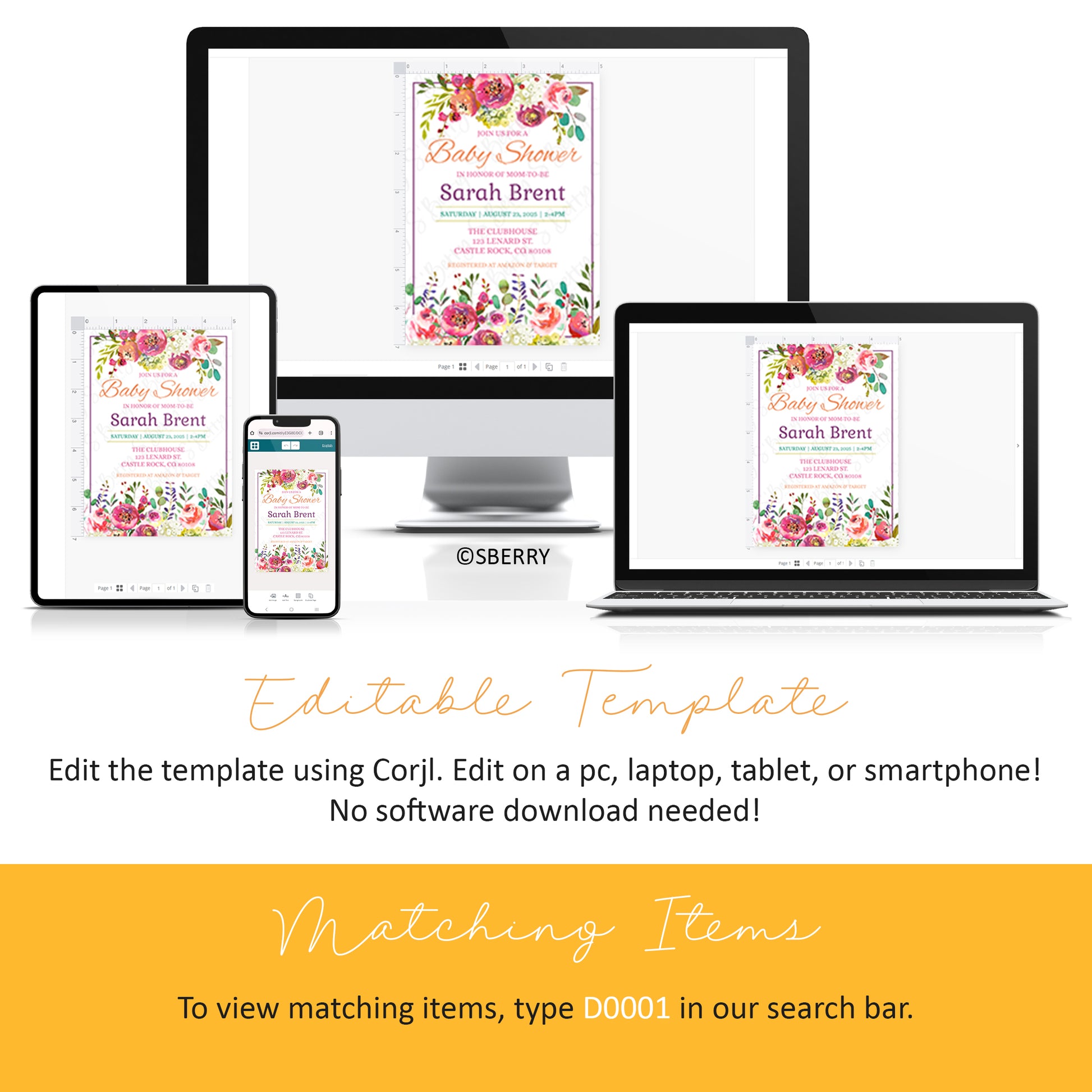 Editable baby shower invitation template displayed on computer, tablet, and phone screens. Matching items available with search bar code D0001. No software download needed.