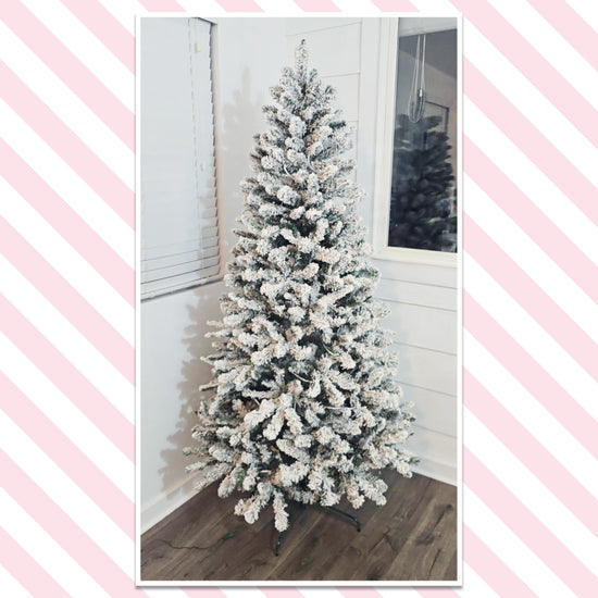 A tall artificial Christmas tree with snow-frosted branches stands in the corner of a room near windows on hardwood flooring.