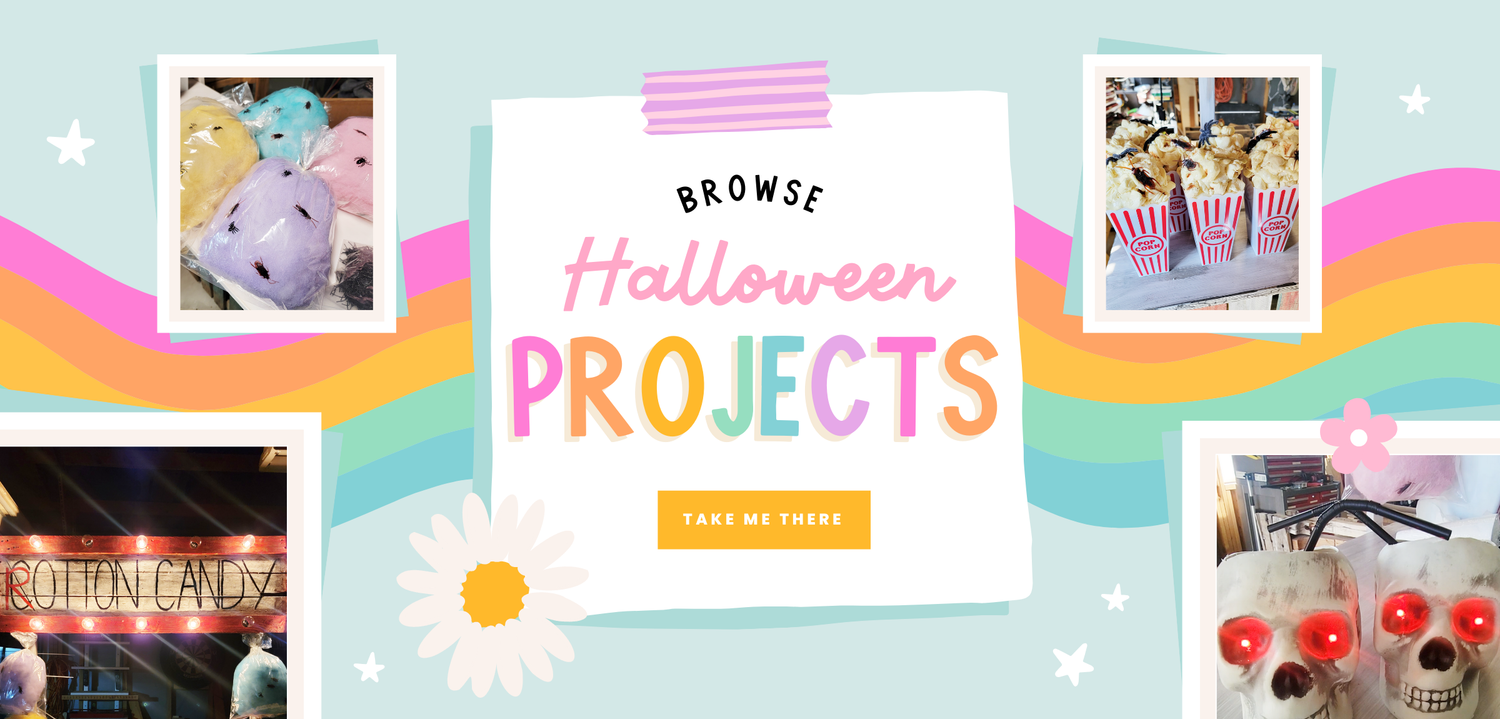 Collage with "Browse Halloween Projects" text, surrounded by images: cotton candy, popcorn, a scary mask, and neon lights. A rainbow and daisy decorate the background.