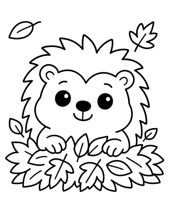 A cartoon hedgehog with big eyes is peeking out from behind a pile of leaves, with several leaves scattered around.