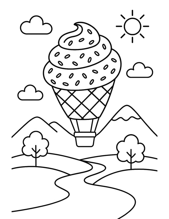 A hot air balloon shaped like an ice cream cone floats over a landscape with mountains, trees, a river, clouds, and the sun in the sky.