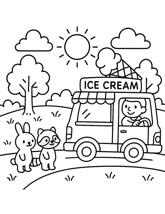 A rabbit and a raccoon stand near an ice cream truck in a park, with a person inside the truck and the sun shining above.