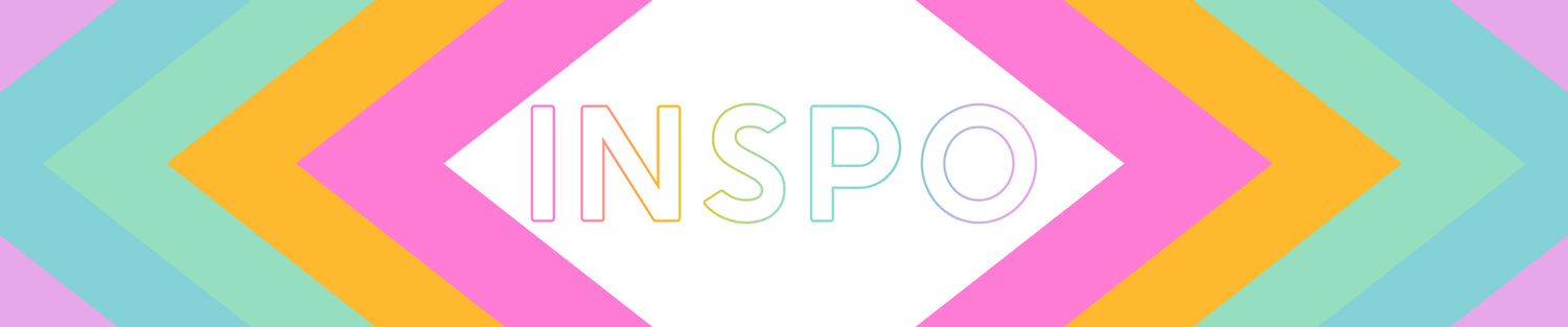 The word "INSPO" is centered in colorful, bold letters within a pattern of concentric diamonds in pink, orange, and teal against a white background.