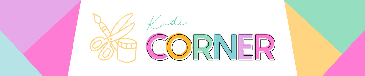 Colorful banner with text "Kids Corner" and icons of a paintbrush, scissors, and paint pot, set against a geometric background in pink, teal, and yellow.