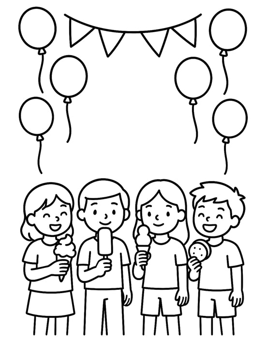 Four children holding ice cream and popsicles stand under hanging balloons and a pennant banner, smiling at a celebration.