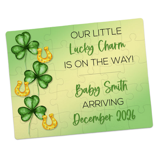 St. Patrick’s Day pregnancy announcement puzzle with green gradient background, shamrocks and gold horseshoes, reading “Our little lucky charm is on the way! Baby Smith arriving December 2026”