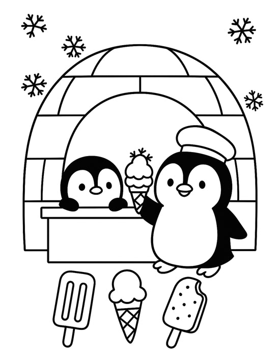 Two penguins serve and hold ice cream in front of an igloo, with snowflakes and different types of ice cream treats in the foreground.