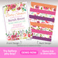 Baby shower invitation for Sarah Brent with floral design. Mentions date, time, venue, and gift registry. Includes front and back views with floral and striped patterns.