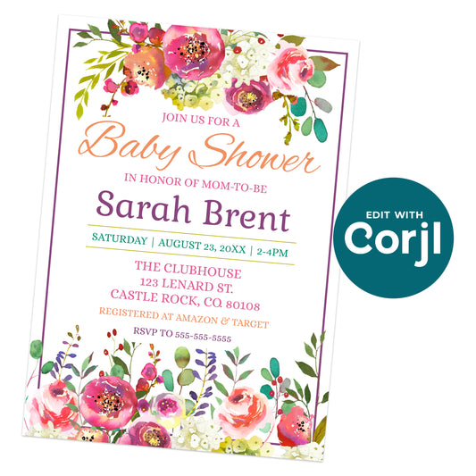 Editable floral baby shower invitation template with watercolor flowers, customizable text, event details, and Corjl instant download editing.
