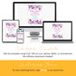 Editable baby shower invitation template displayed on a monitor, laptop, tablet, and smartphone with floral designs. Instructions and matching item code included below.