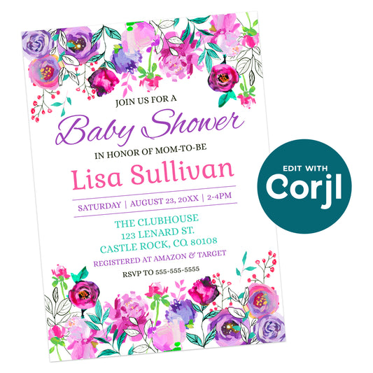 Editable floral baby shower invitation template with vibrant watercolor flowers and customizable text, available as a Corjl instant download.