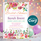 Editable floral bridal shower invitation template with colorful watercolor flowers, featuring a customizable Corjl design displayed against a festive background with balloons and confetti.