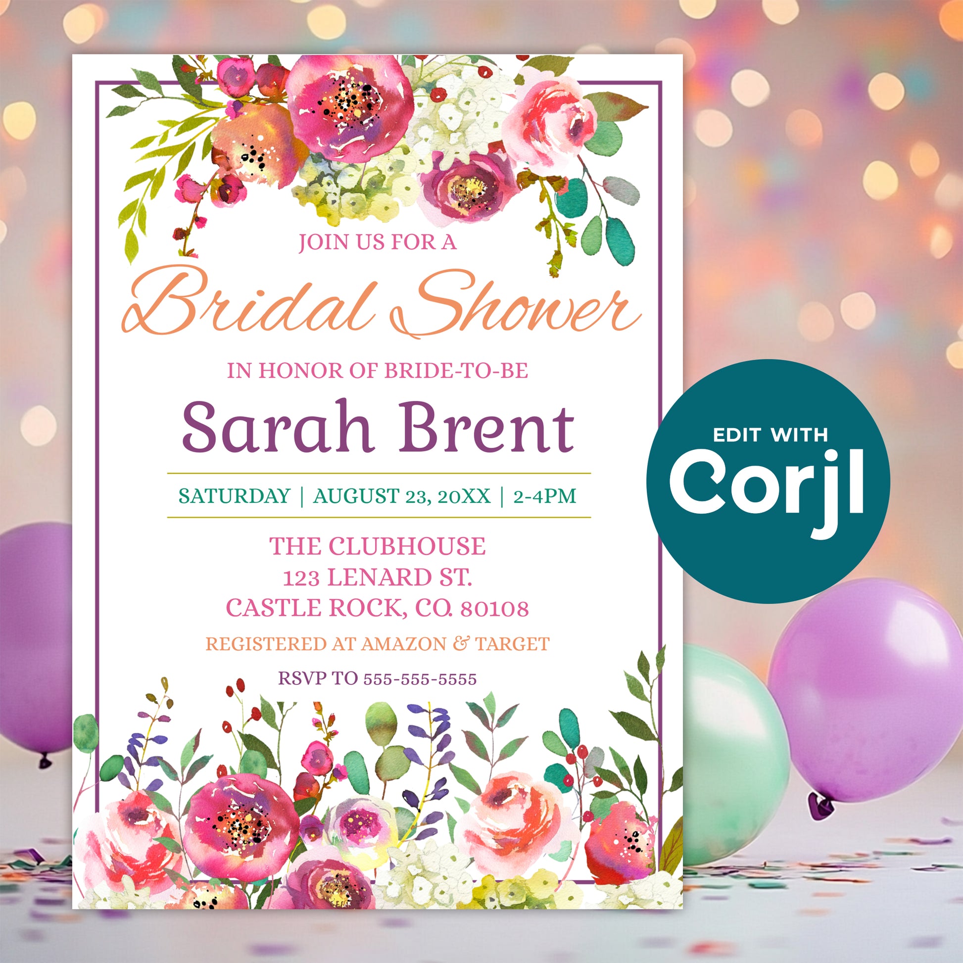 Editable floral bridal shower invitation template with colorful watercolor flowers, featuring a customizable Corjl design displayed against a festive background with balloons and confetti.