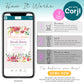 A phone screen displays a floral bridal shower invitation. Instructions beside it explain how to edit and purchase the template online using Corjl, with demo and instant access information.