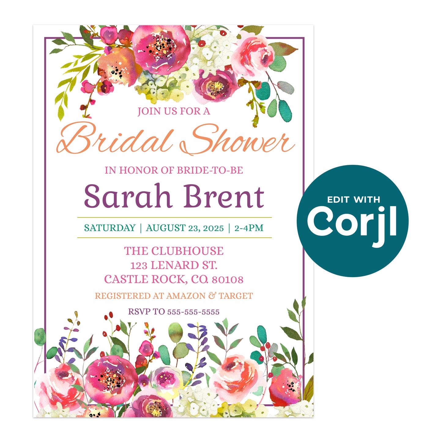 A floral bridal shower invitation for Sarah Brent with event details for August 23, 2025, at The Clubhouse in Castle Rock, Colorado.
