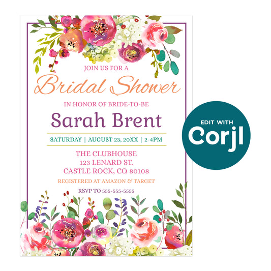 Editable bridal shower invitation template with watercolor floral design and customizable text, available as a Corjl instant download.