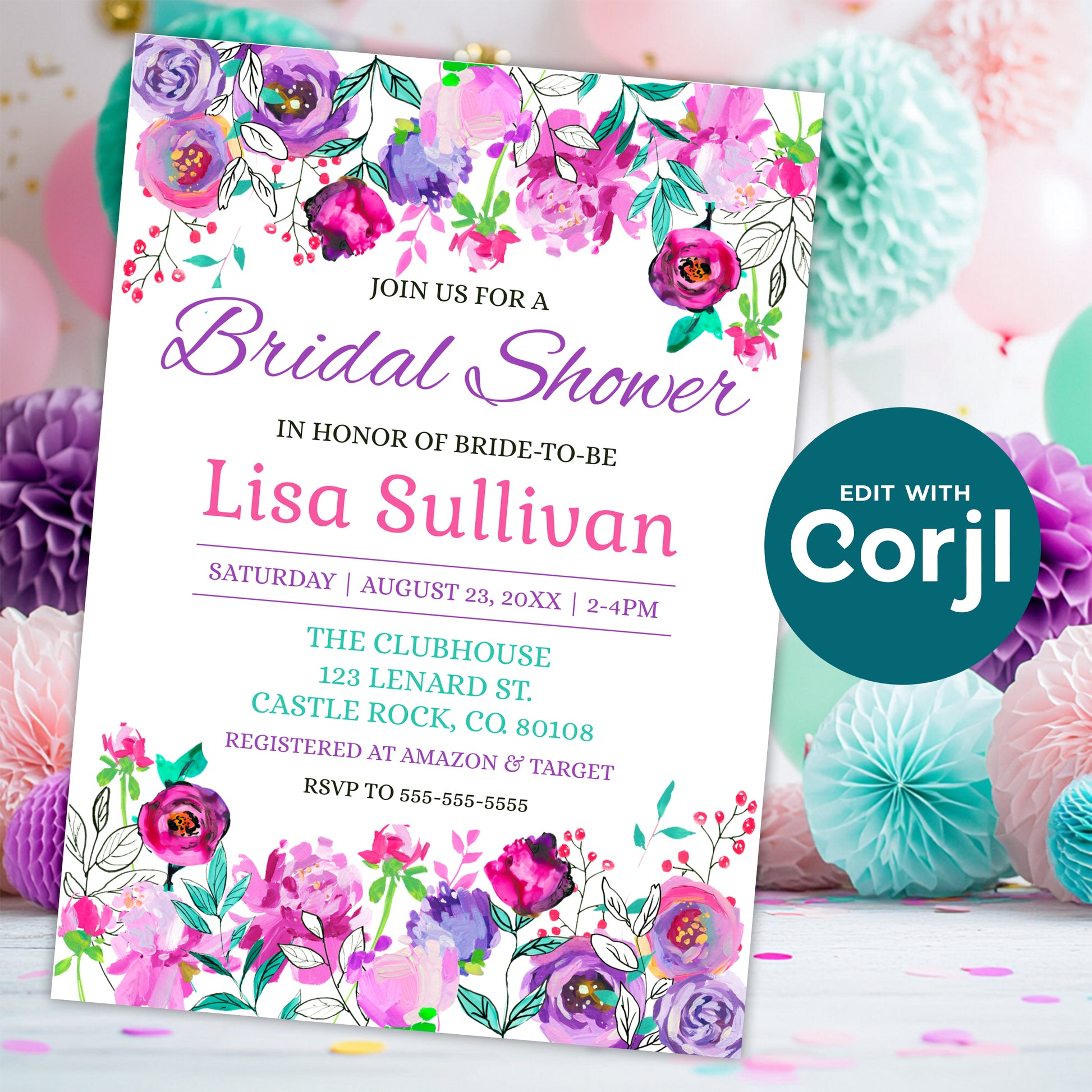 Floral bridal shower invitation template displayed in a festive party setting with pastel decorations, customizable Corjl design for instant download.