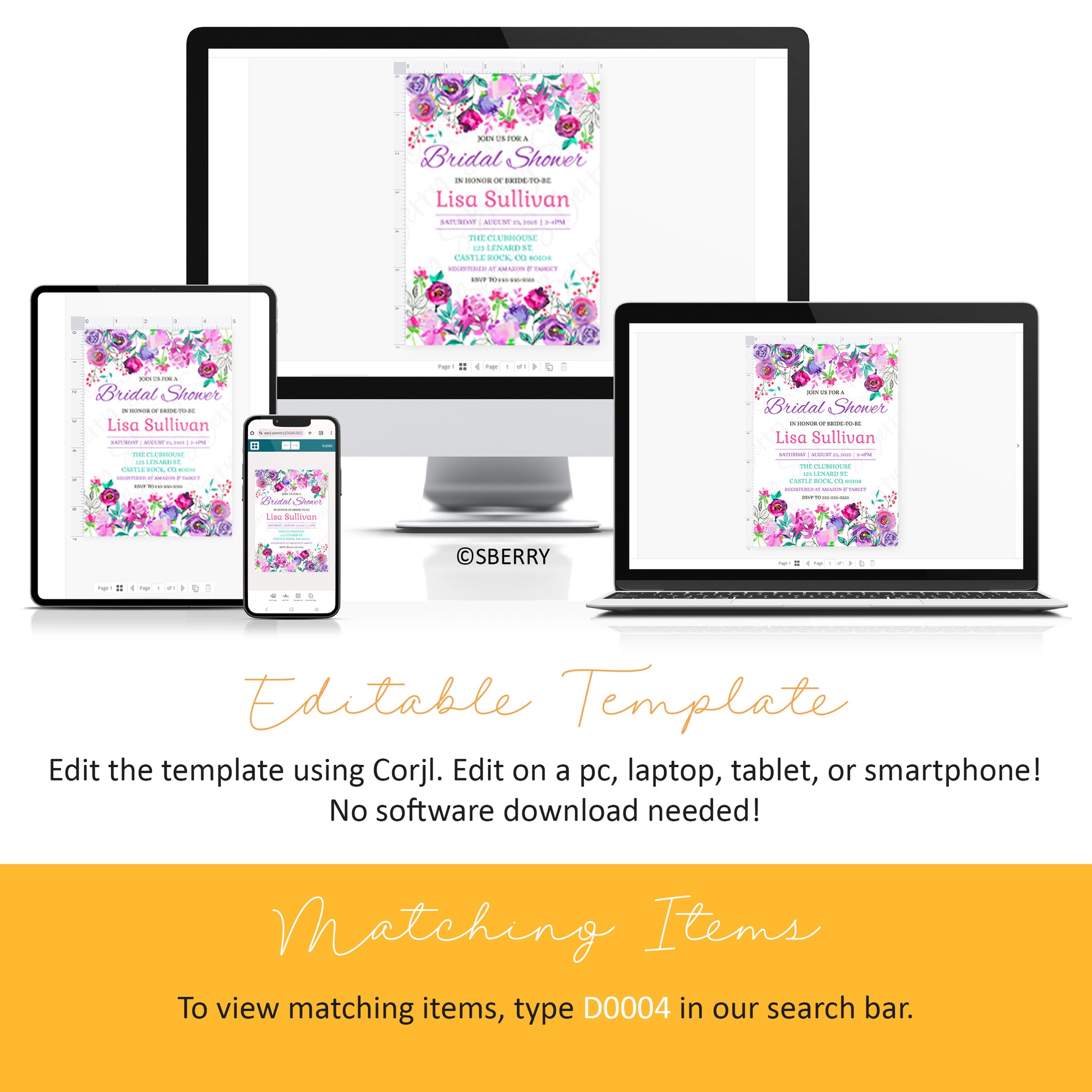 Bridal shower invitation template displayed on various devices, with instructions for editing via Corjl and a note on how to find matching items.