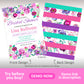 Floral bridal shower invitation with event details on the front and colorful floral and striped pattern on the back. Text includes date, location, and RSVP information.