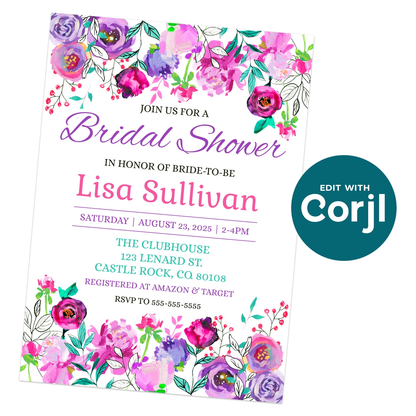 Bridal shower invitation with floral border, honoring Lisa Sullivan, scheduled for August 23, 2025, at The Clubhouse in Castle Rock, CO. RSVP information included.