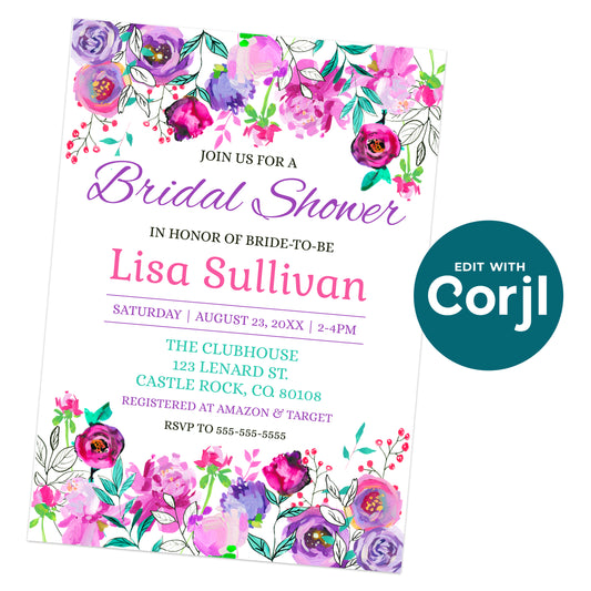 Editable bridal shower invitation template with colorful watercolor flowers in pink, purple, and teal, customizable text via Corjl instant download.