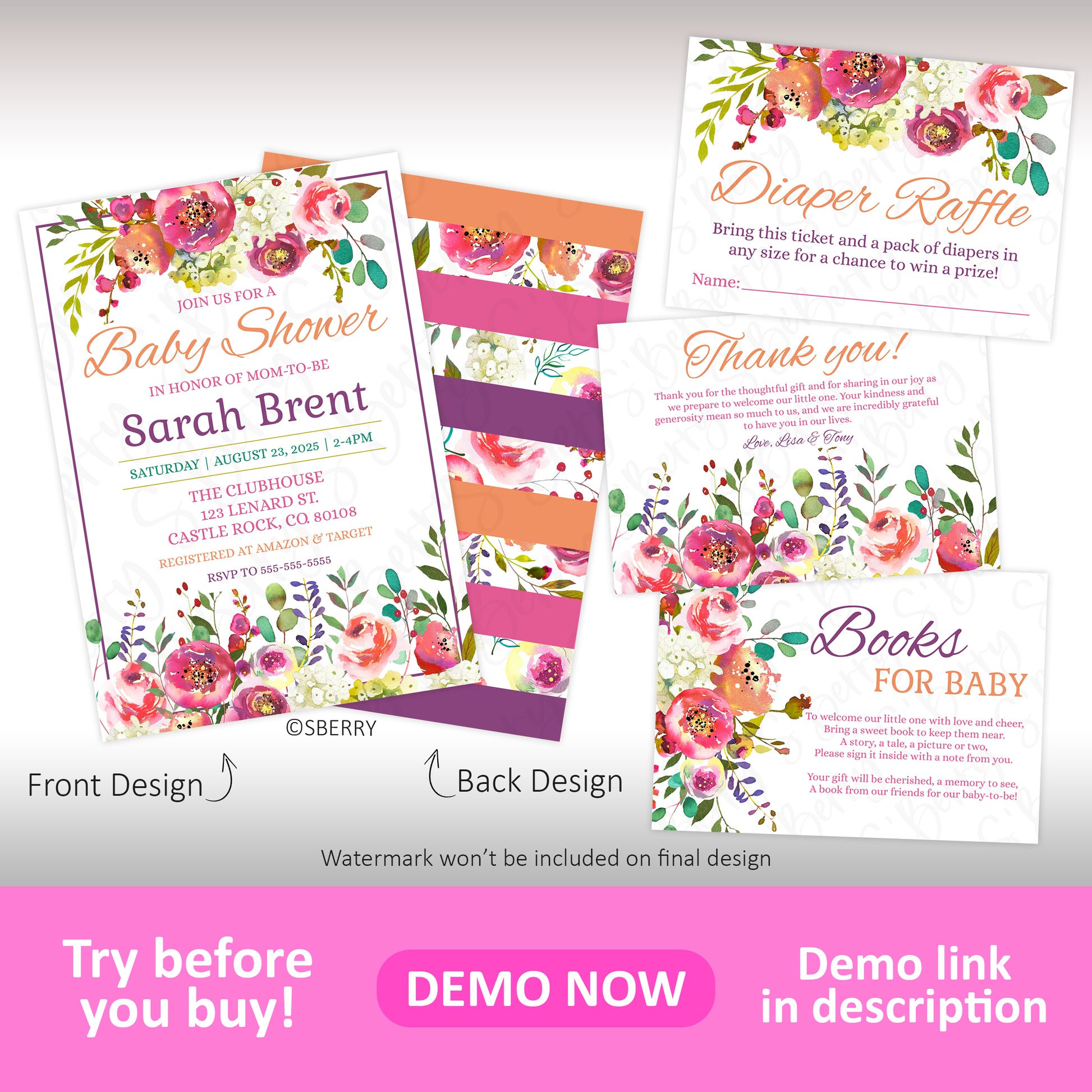 A floral-themed baby shower invitation set with RSVP, diaper raffle, thank you, and books for baby cards, all featuring colorful watercolor flowers and decorative text.