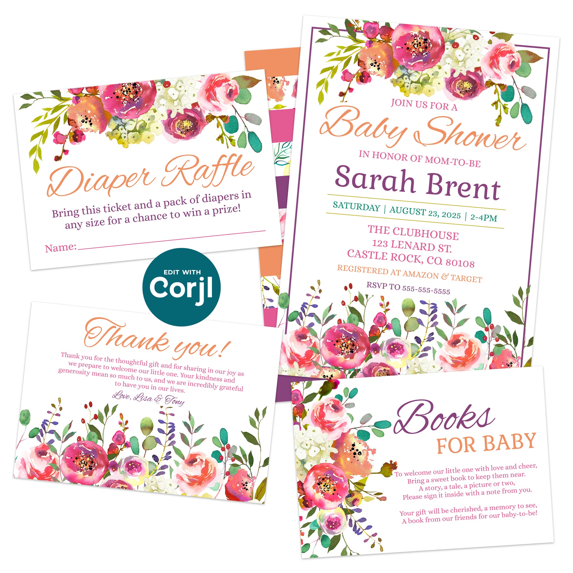 A floral-themed baby shower invitation set, including cards for diaper raffle, book request, thank you note, and the main invitation for Sarah Brent’s baby shower on August 23, 2025.