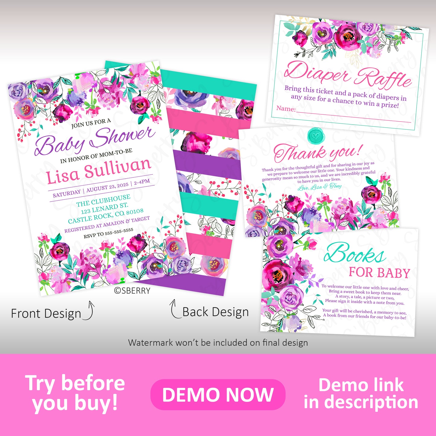 A floral-themed baby shower invitation suite with invitation, raffle card, thank you card, and book request card, featuring pink, purple, and teal accents.