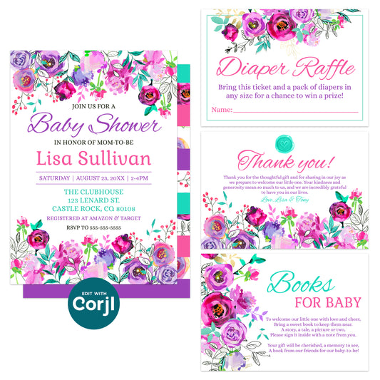 Editable baby shower invitation suite with coordinating diaper raffle, thank you, and books for baby cards, featuring vibrant watercolor florals in pink, purple, and teal, available via Corjl instant download.
