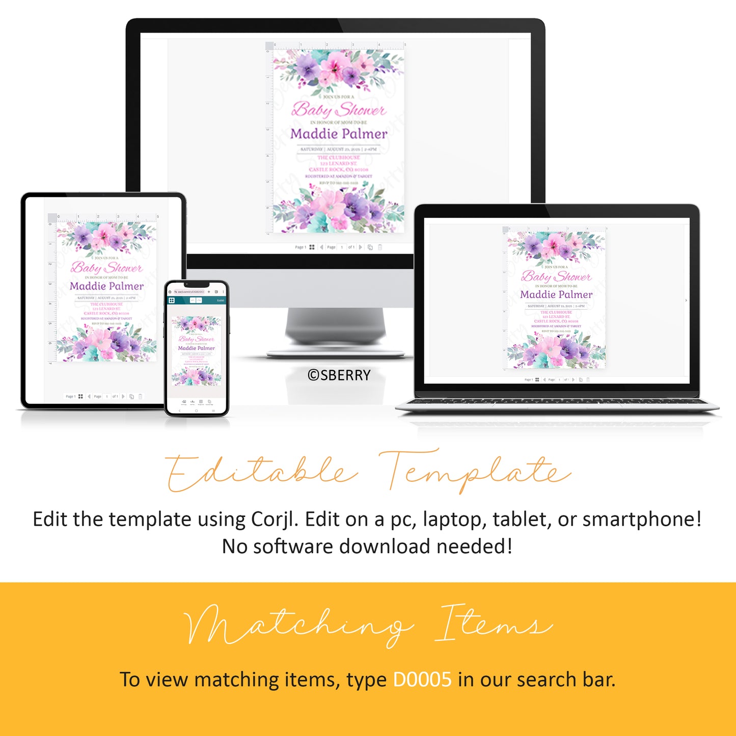 A floral baby shower invitation template is displayed on a smartphone, tablet, laptop, and desktop monitor, showing compatibility with multiple devices. Text explains it is editable with Corjl.