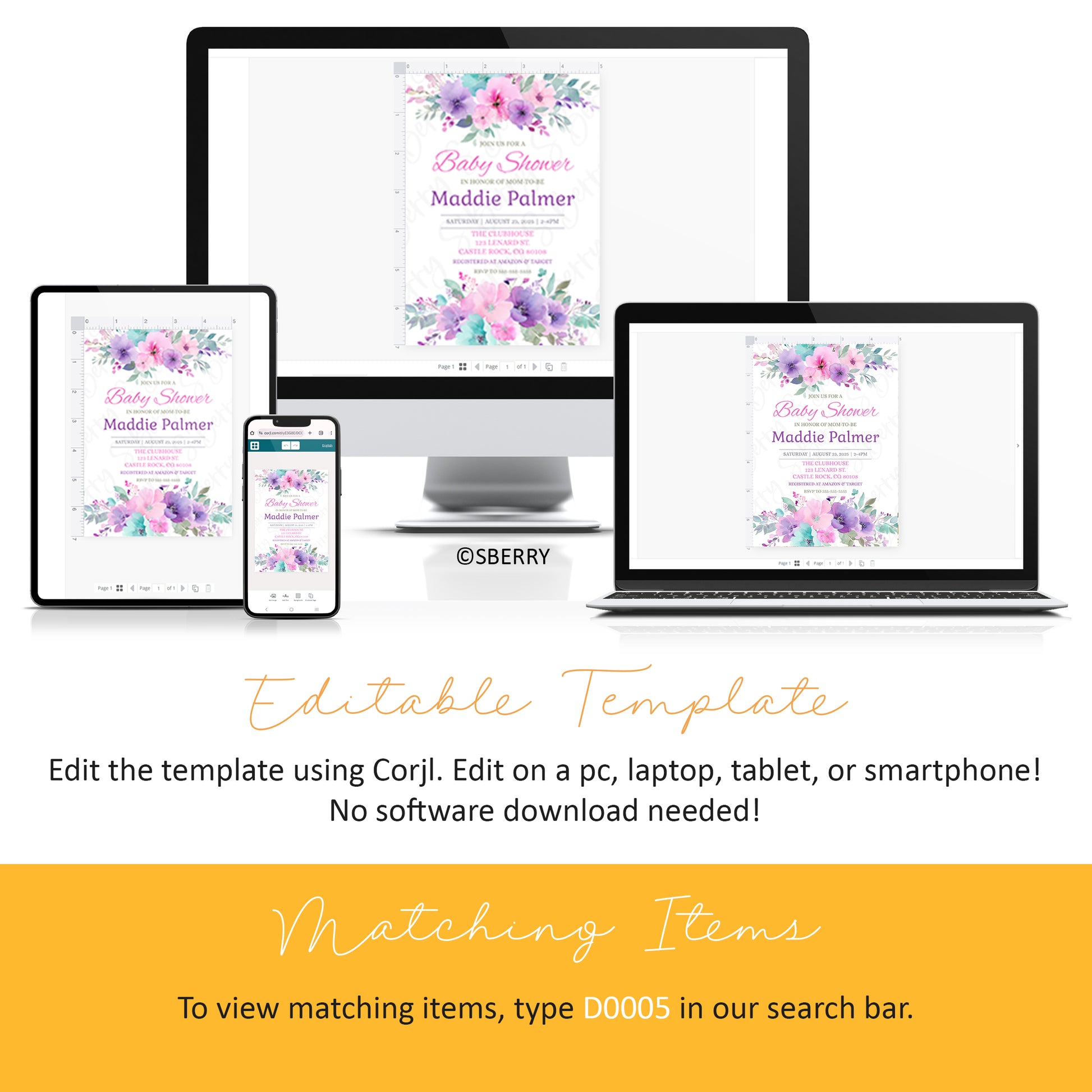 A floral baby shower invitation template is displayed on a smartphone, tablet, laptop, and desktop monitor, showing compatibility with multiple devices. Text explains it is editable with Corjl.