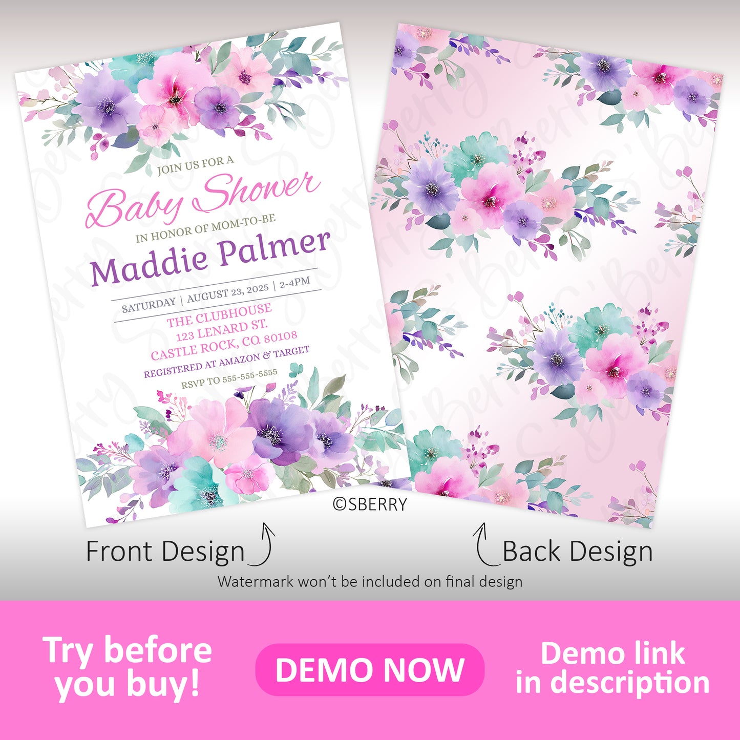 Floral baby shower invitation with pastel flowers on both sides; front features event details for Maddie Palmer, back showcases floral pattern.