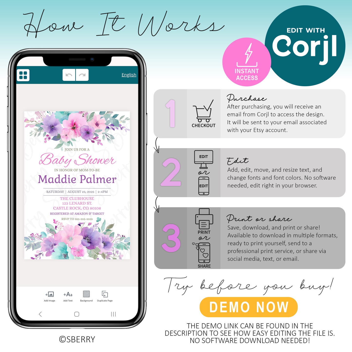An infographic explains how to edit a baby shower invitation template with Corjl in three steps: purchase, edit, print or share, using an illustrated phone and floral design.