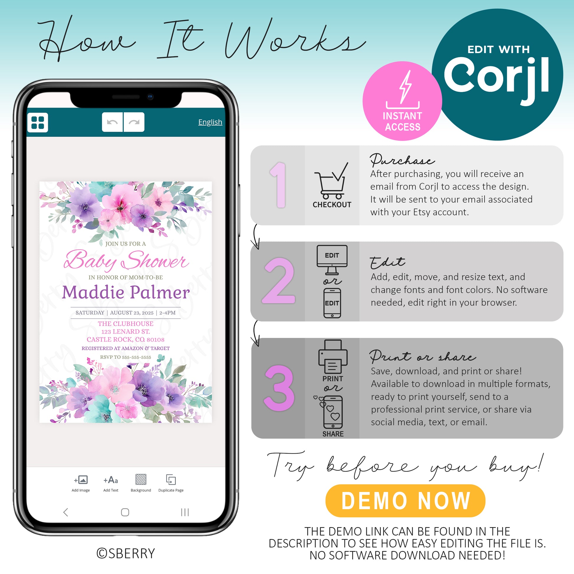 An infographic explains how to edit a baby shower invitation template with Corjl in three steps: purchase, edit, print or share, using an illustrated phone and floral design.