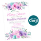Floral baby shower invitation for Maddie Palmer with event details, RSVP info, and editable template notice on the right.