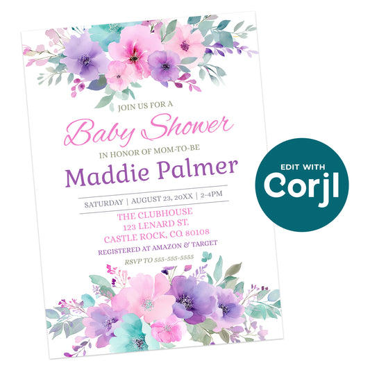 Printable baby shower invitation template with pastel watercolor floral design in pink, purple, and teal, customizable with event details using Corjl.