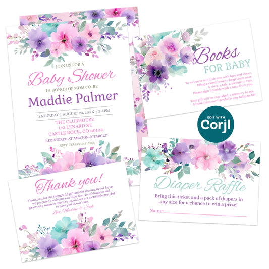 Editable baby shower invitation set with coordinating inserts including diaper raffle, thank you, and books for baby cards, designed with soft watercolor florals in pink, purple, and teal.