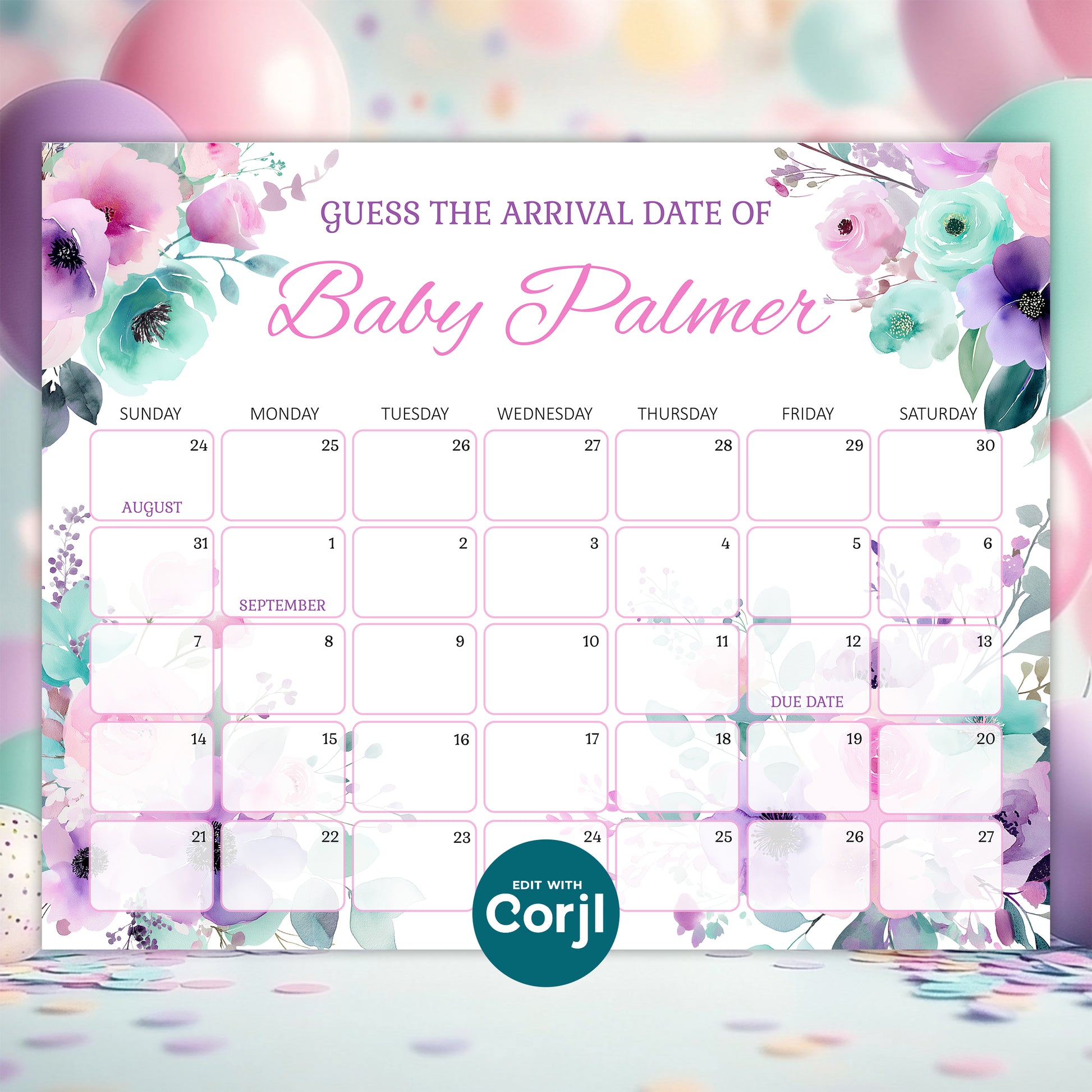 Floral baby shower prediction calendar sign guess baby due date game printable editable baby shower activity